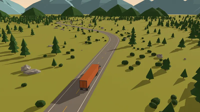 A truck on a winding two-lane road through pine forest